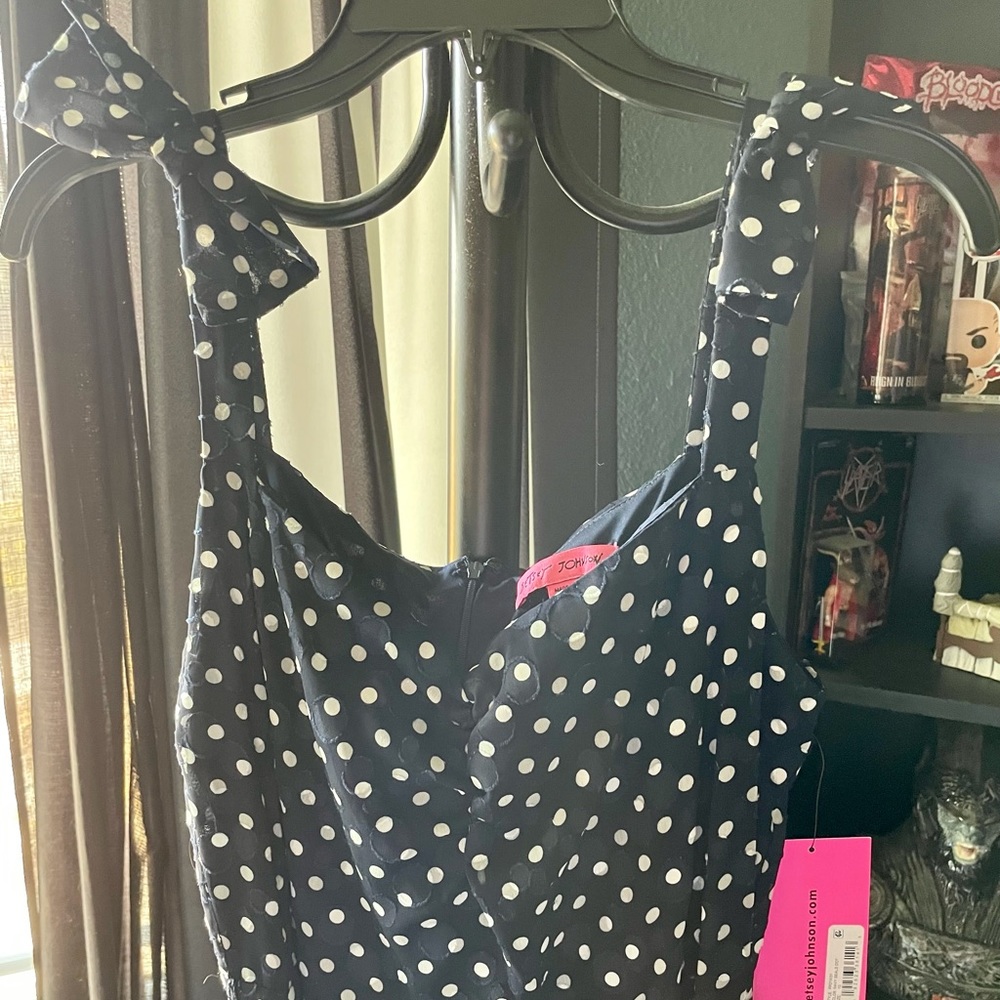 Betsey Johnson Women’s Navy Ruffled Polka Dot Sleeveless V Neck Dress SZ 10